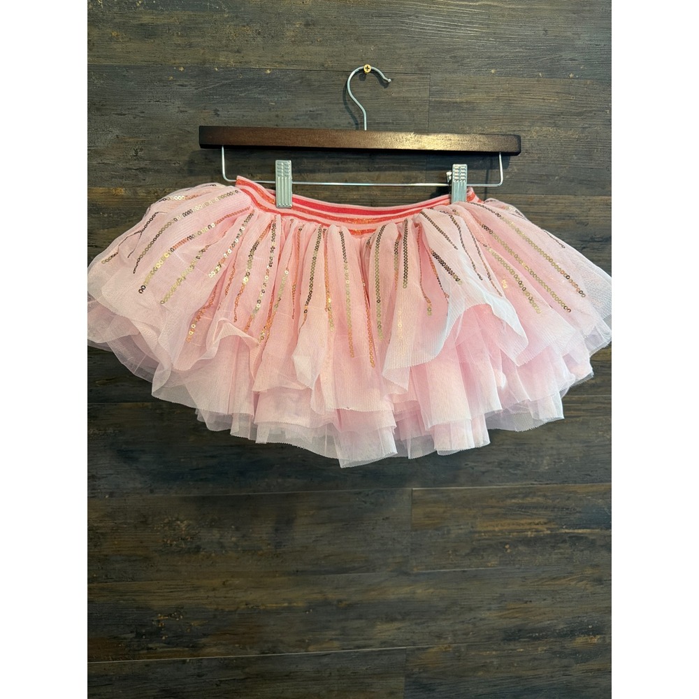 Disney Store Girls Pink Tiered Tulle Tutu Skirt Gold Sequins Size 9/10 140cm